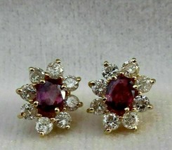 1.5Ct Oval Ruby &amp; VVS1 Diamond Halo Stud Earrings 14k Yellow Gold Over - £78.30 GBP