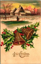 Gilt Bells Holly Winter Cabin Scene Embossed A Merry Christmas 1908 Postcard C4 - £13.10 GBP