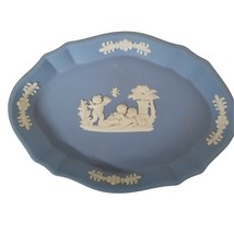 Wedgwood Blue Jasperware Trinket Dish Unglazed Stoneware Cherub Signature Signed - $34.94