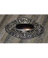 Beautiful &amp; Intricate Antique Sterling Silver Brooch, Ebony Stone - $59.99