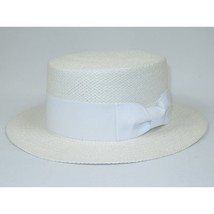 Men's Boater Skimmer Natural Straw Flat Crown GAUCHO Hat BC638 White image 3