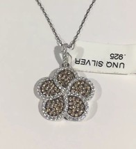 Sterling Silver Flower Shape Pendant Necklace With Shiny Champagne &amp; White cz - £63.00 GBP