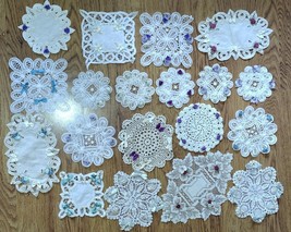 19pc Handmade Lace Embroidered Doily Teacup Coasters w/ Flowers Pearls &amp; Bows - £39.90 GBP
