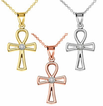 10k 14k Solid Gold Diamond Ancient Egyptian Ankh Cross Openwork Pendant Necklace - £104.51 GBP+