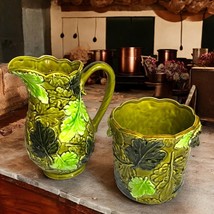 Mid-Century Modern Green Leaf Inspired Majolica Ceramic Pitcher &amp; Plante... - $28.04