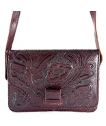 Vintage Tooled Leather Crossbody Purse Burgundy Floral Arrow Zipper West... - $741.64 MXN