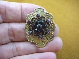 bb601-109) dark purple rhinestone textured flower design gold brooch pin pendant - £12.41 GBP
