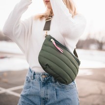 Olive Green Quilted Puffer Sling Crossbody Belt Bag - $48.51