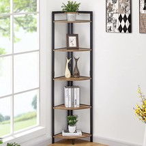 Industrial Corner Shelf, 5 Tier Tall Corner Bookshelf, Wood And Metal Corner Boo - £136.03 GBP