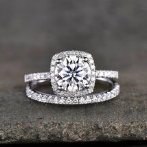14K White Gold FN Round Lab-Created Diamond Engagement Wedding Bridal Ring Set - £75.89 GBP