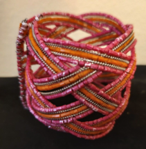 Vintage Seed Bead Magenta Pink Orange Intertwined Cuff Bracelet . 1 3/4”WIDE - £5.01 GBP