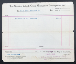 1902 Stratton Cripple Creek Mining &amp; Development Billhead Voucher Colora... - £22.25 GBP