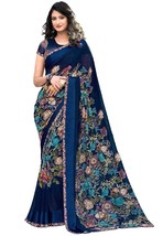 Fashion Women&#39;s Georgette Blue Printed Saree With Blouse Piece - £24.48 GBP