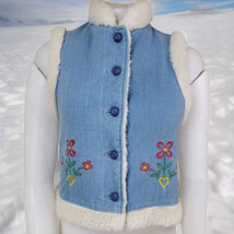 Vtg Embroidered Hippie Vest Girls 14 Large Denim Faux Shearling Gilet Se... - $23.02