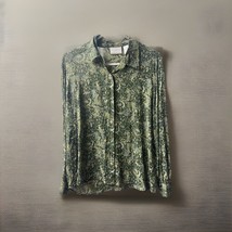 Liz Claiborne Button Front Blouse Size PM Green Floral Chiffon Semi Sheer - £11.78 GBP