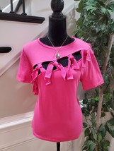 H&amp;M Womens Pink 100% Cotton Round Neck Short Sleeve Ties Front Top Blouse Size 8 - £20.24 GBP
