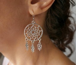 Spider Web Dream Catcher Stainless Steel Fish Hook Earrings F247 - £11.98 GBP