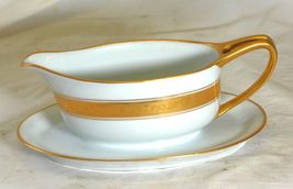 Schlackenwerth Oval Gravy Boat Attached Underplate Antoinette I Gold Trim - $267.29