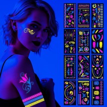 12 Sheet Glow In The Dark Temporary Tattoos Party Supplies Uv Neon Tattoo Sticke - £19.82 GBP