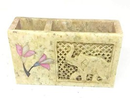 Hand Carved Pencil Holder with Elephant and Inlaid Flowers - £18.91 GBP