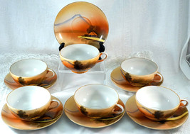 Set of 6 Cups &amp; Saucers with Painting of Mt Fuji &amp; House by Water Made i... - £31.96 GBP