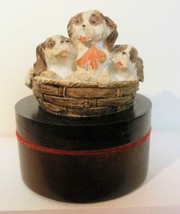 Vintage Basket of Puppies Treasure Box Round Wood Lined Taiwan - £13.23 GBP