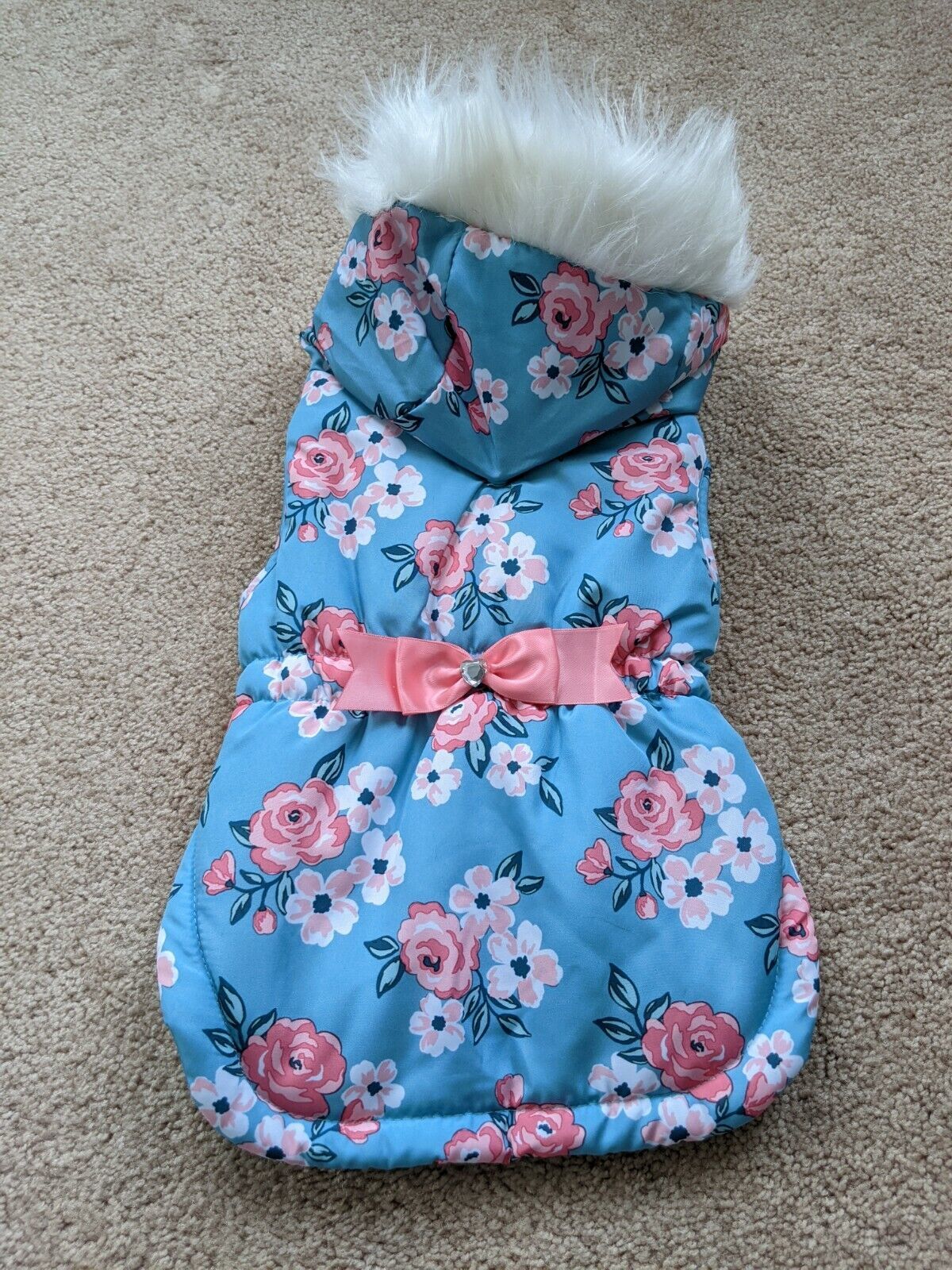 Primary image for Vibrant Life Size Small Blue Polyester Fog Coat Pink Flowers Bow and Rhinestone