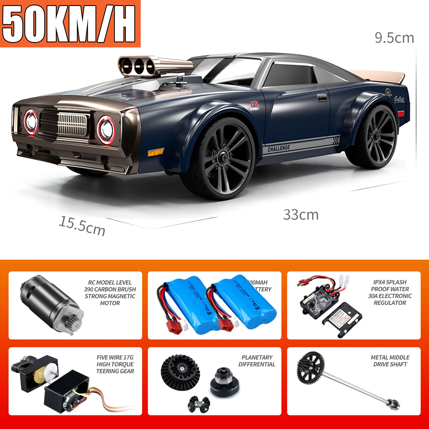 Muscle Sports Car 50km/h 1/16 16303 High Speed 4WD Rc Drift Car LED Headlights - £91.64 GBP+
