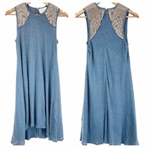 Anthropologie Women XS Chloe Oliver 100% Linen Dress Beaded Blue Swingy - £26.91 GBP