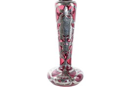 c1900 Cranberry Sterling Silver Overlay Art glass Vase - £372.66 GBP