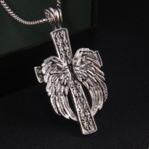 Silver Winged Cross Pendant Necklace Jewelry Men&#39;s Christian Chain 24&quot; Gift - £9.28 GBP