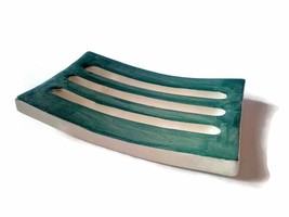 Handmade Ceramic Draining Soap Dish, Green Rectangular Artisan Soap Bar ... - $42.99
