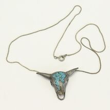 Bull Head Necklace Crushed Blue Turquoise Gray Metal 1.6"w x 1"H x .25" - $24.49