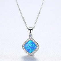 Square S925 Pendant Silver Inlay Opal Zircon Necklace Choker Women&#39;s High-End He - £14.38 GBP