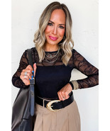Black Lace Crochet Mesh Patched Slim Fit Long Sleeve Top - $20.17 CAD