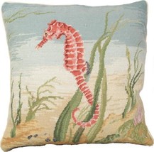 Throw Pillow Needlepoint Sea Horse 18x18 Beige Polly Insert Cotton Velvet Back - £228.17 GBP