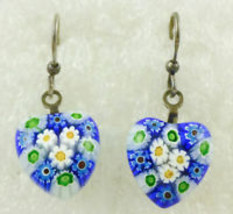 Floral MILLEFIORI Glass Heart Sterling Silver EARRINGS - Blue Yellow Gre... - £35.97 GBP