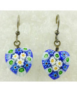 Floral MILLEFIORI Glass Heart Sterling Silver EARRINGS - Blue Yellow Gre... - £35.97 GBP