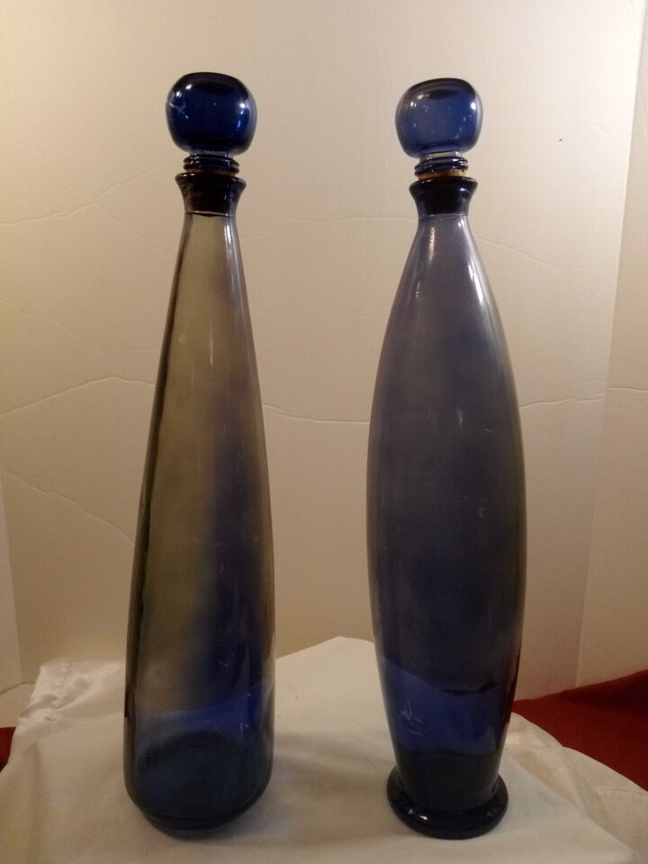 Set of 2 Vintage San Miguel Vidrios Cobalt Recycled Glass Bottles with Corks - $31.68