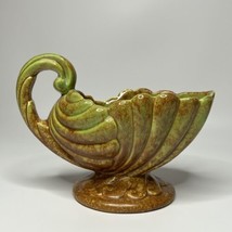 Haeger Green Gold Ceramic Gravy Boat Planter Cornucopia Shell w/Swirl Handle VTG - £12.47 GBP