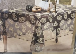 Fabric Tablecloth,70&quot; Round,Halloween,Gold Metallic Decorative Skulls,Colordrift - £20.79 GBP