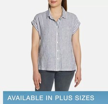 Orvis Ladies&#39; Size Large (10-12) Short Sleeve Linen Blend Shirt, Blue Stripe - £13.43 GBP