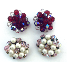 Clip on Earrings Vintage Cluster Glass Beads Red Clear Pink Pearl White Two Pair - £15.79 GBP