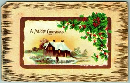 Holly Framed Cabin Scene Faux Woodgrain Merry Christmas Textured DB Postcard I7 - £5.38 GBP