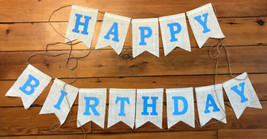 Vintage Style Baby Blue Burlap Flags Happy Birthday Banner Sign - £23.56 GBP