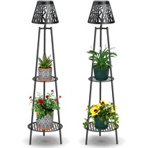 45.4&#39;&#39; Metal Solar Floor Lamps Outdoor With 2 Plant Stand, 2 Pack Black ... - $128.99