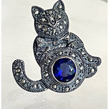 BLACKENED 925 STERLING SILVER IOLITE AND MARCASITES KITTY CAT BROOCH SKY - £32.25 GBP