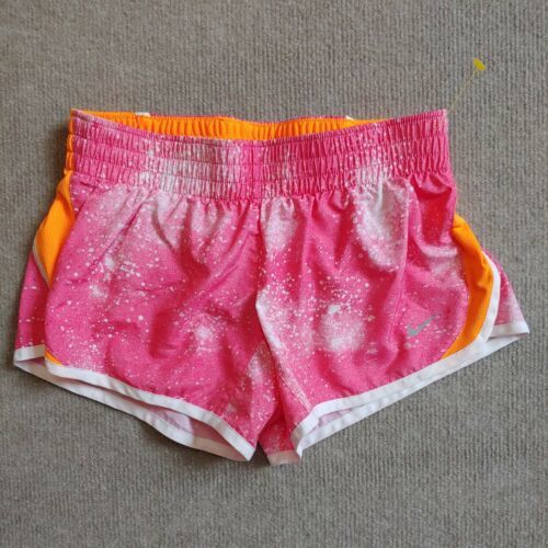 Nike Dri Fit Athletic Shorts Girls Size M Pink Orange Lined LOGO - £15.86 GBP
