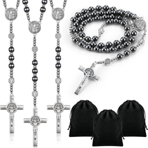 First Communion Black Stone Rosary Bead Necklace 6 Pcs with 6 Bag Crucifix Metal - £37.41 GBP