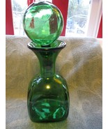 Vintage green glass decanter, 11&quot;, ball bubble stopper, molded, has bubbles - $45.00